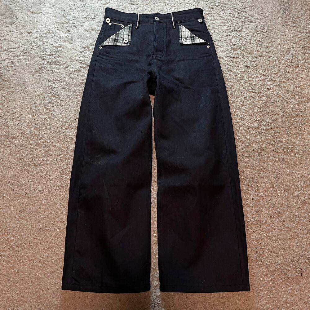 Japanese Raw Selvedge Denim Baggy Wide Leg Bootcut Navy Blue Denim Jeans Size 32